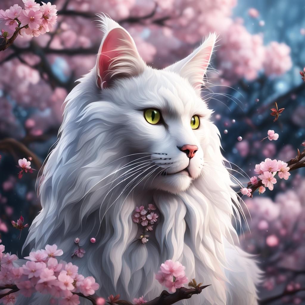 Hyperrealistic Maine Coon with Cherry Blossoms in Digital Ar...