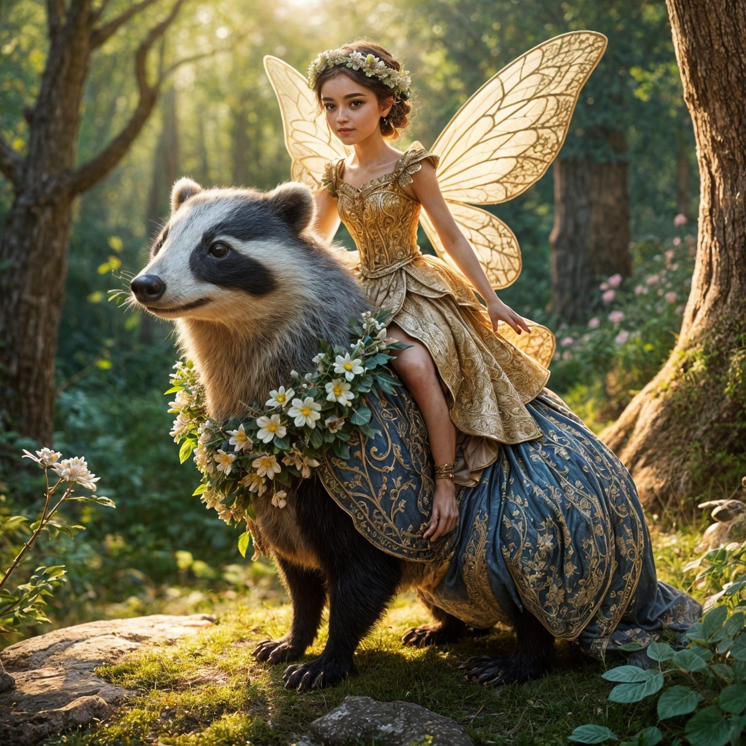 Fairy Woman Rides Badger in Hyperrealistic Detail