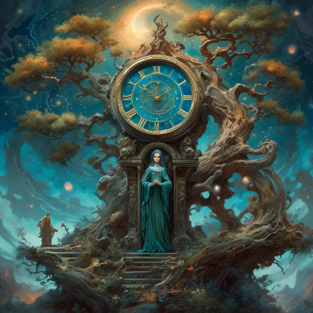 Enchantress Witch with Celestial Clock in Cosmic Art