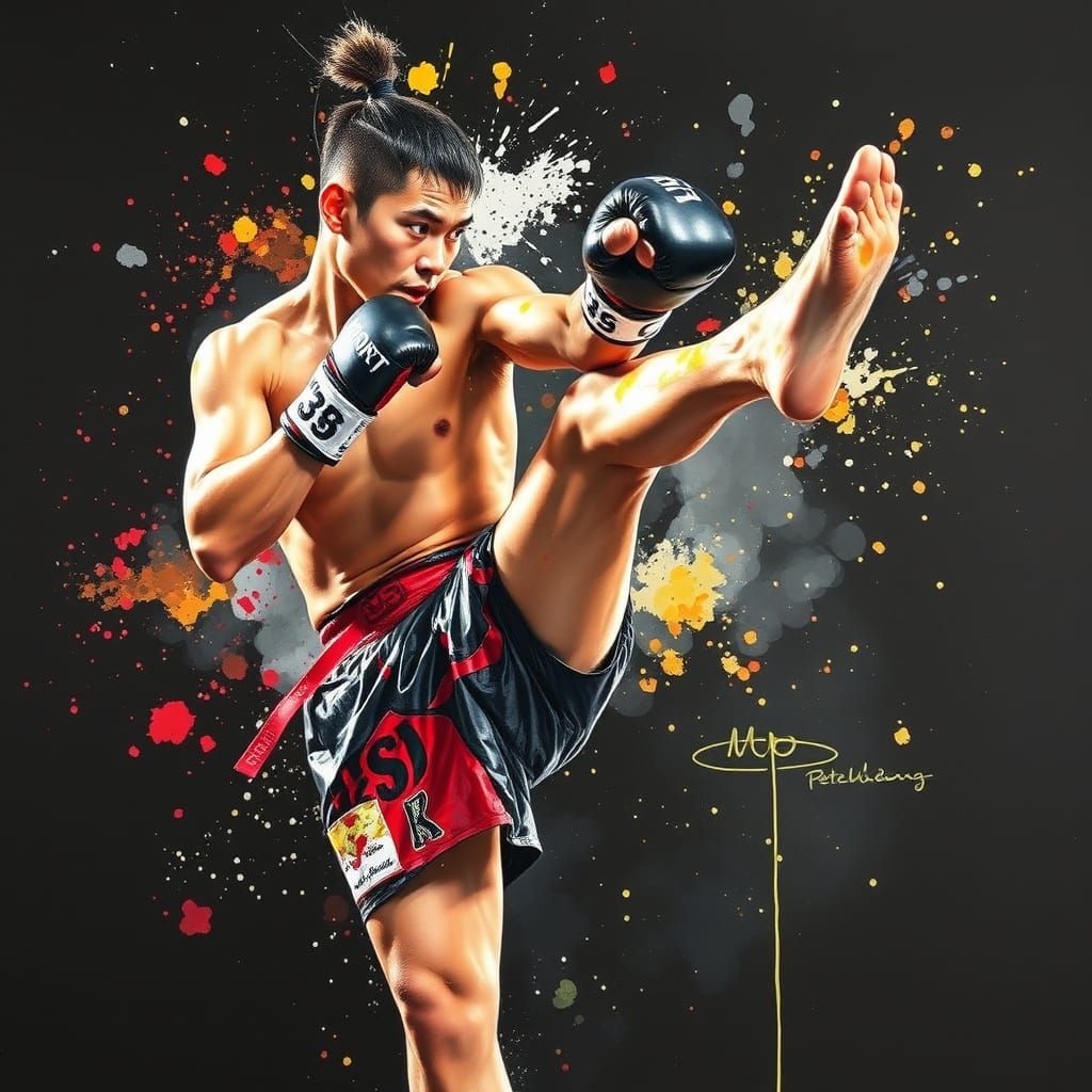 Action painting. Thai kickboxer Petchtanong Petchfergus, lots of energy, doing a kickboxing maneuver, lots of focus, spl...