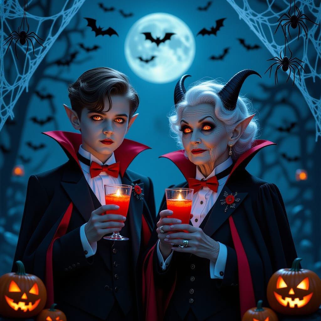 Vampire Duo with Glowing Eyes in Cinematic Halloween Scene