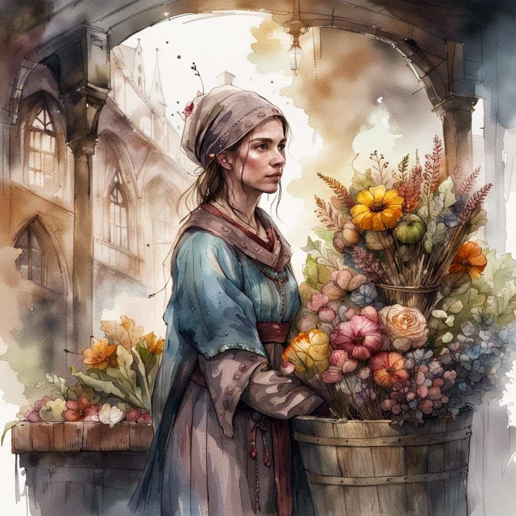 Medieval Flower Seller in Watercolor Style