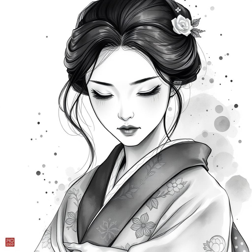 Kimono Portrait in Ink and Watercolor Style