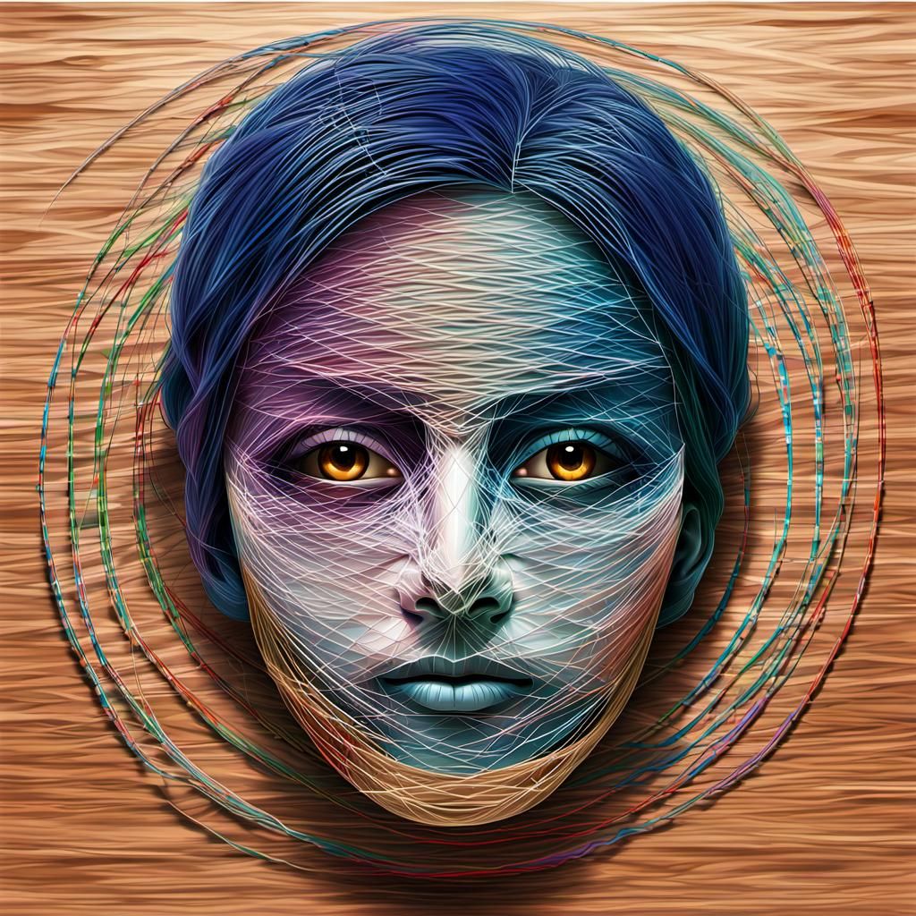 Abstract Thread Portrait on Wooden Frame