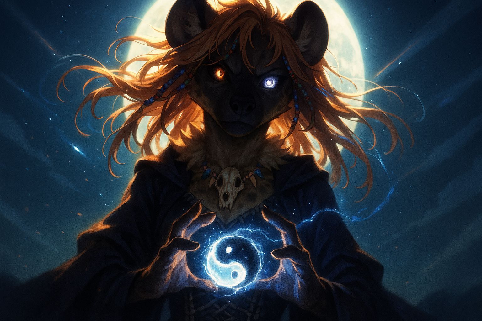 Dramatic Anime Hyena with Contrasting Energy Eyes