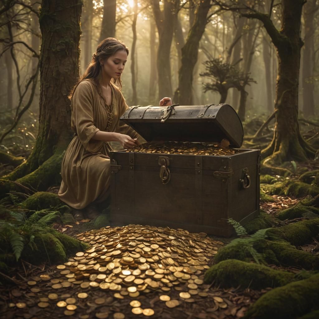 Mystical Forest: Person Surrounded by Golden Coins