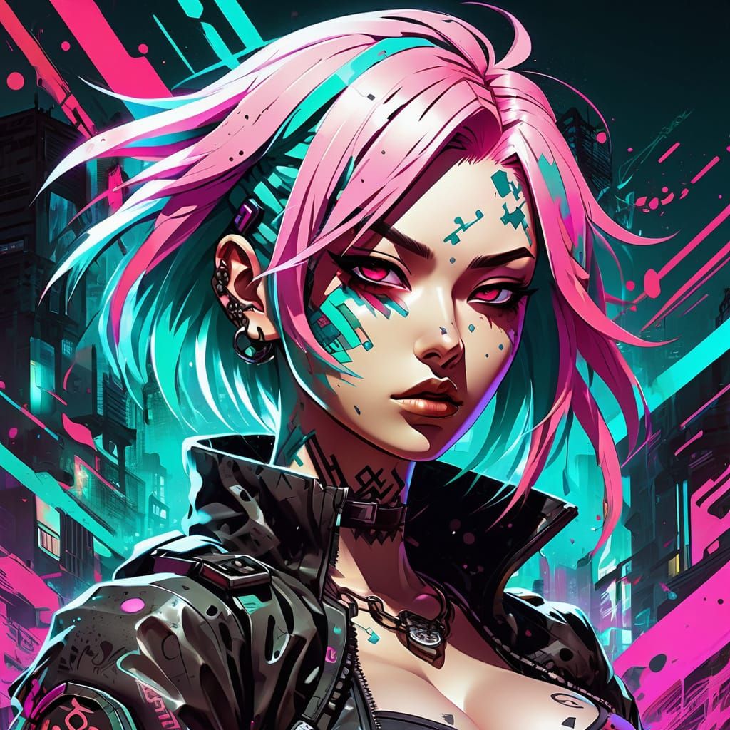 Cyberpunk Anime Goddess with Bloodstained Punk Style