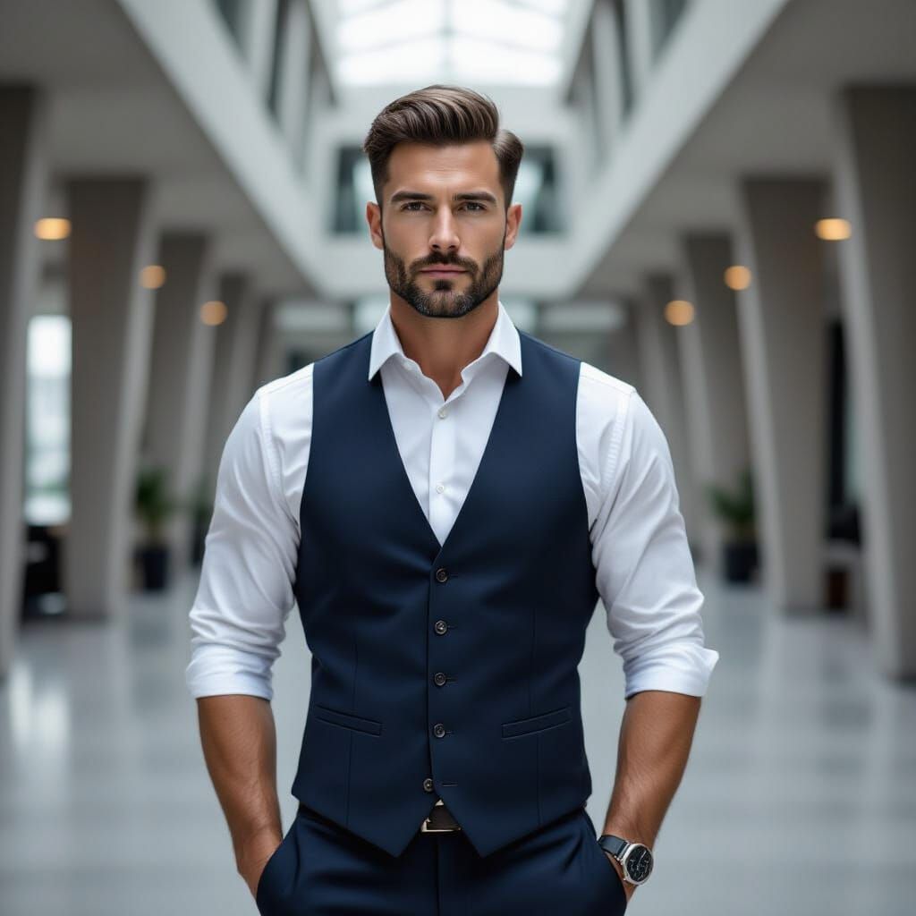 Confident Man in Brutalist Skyscraper Office