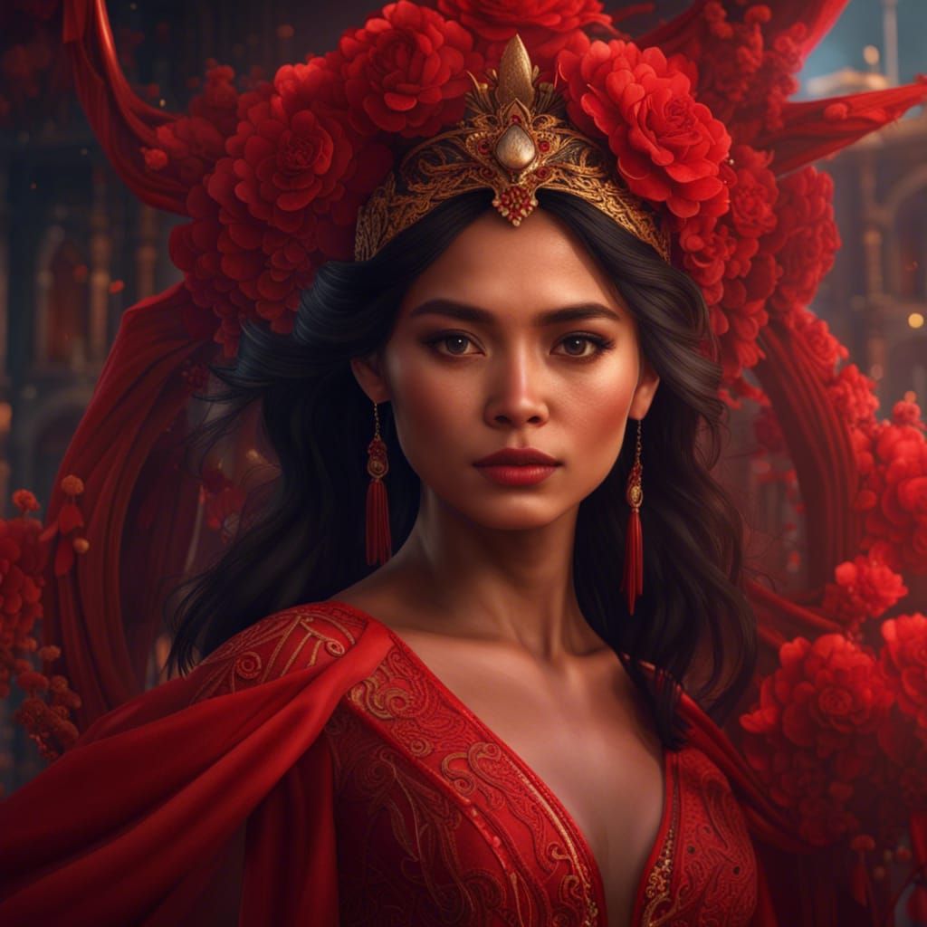 Filipina Woman in Red Gown: Detailed Matte Painting