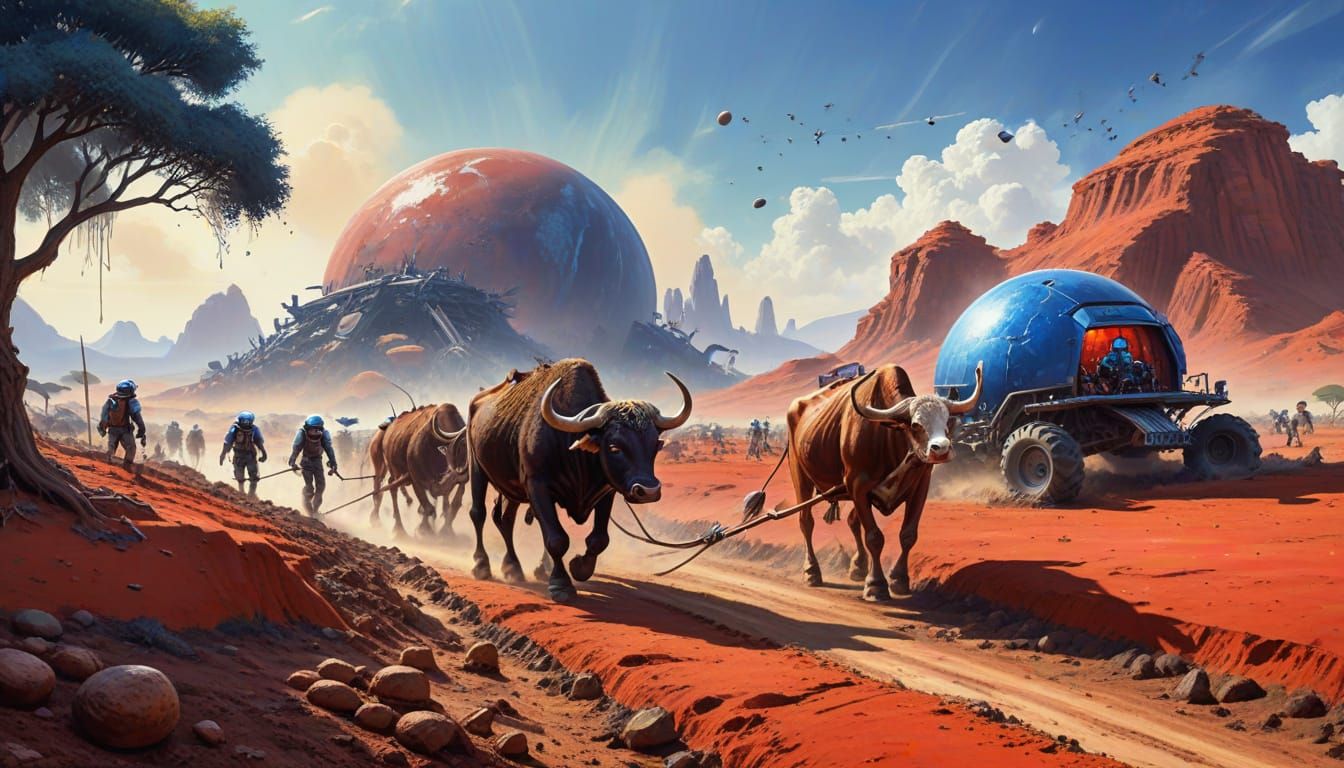 Rustic Farm Meets Sci-Fi: Oxen & Robots on Alien Planet