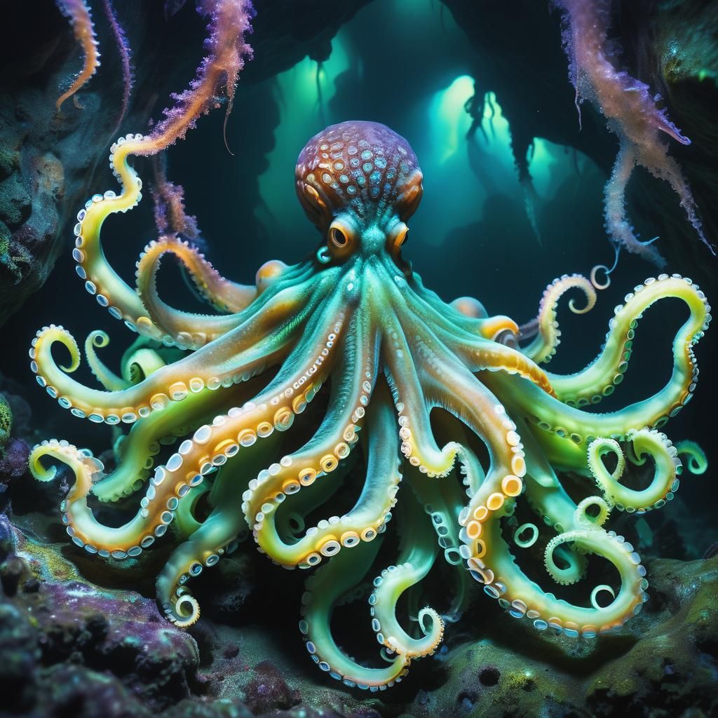Bioluminescent Octopus Emits Vibrant Glow in Underwater Cave