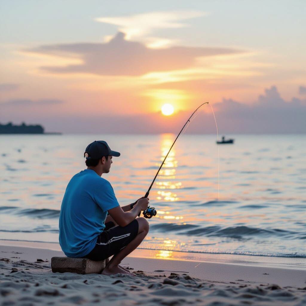 Person Fishing at Sunset in Digital Art Style
