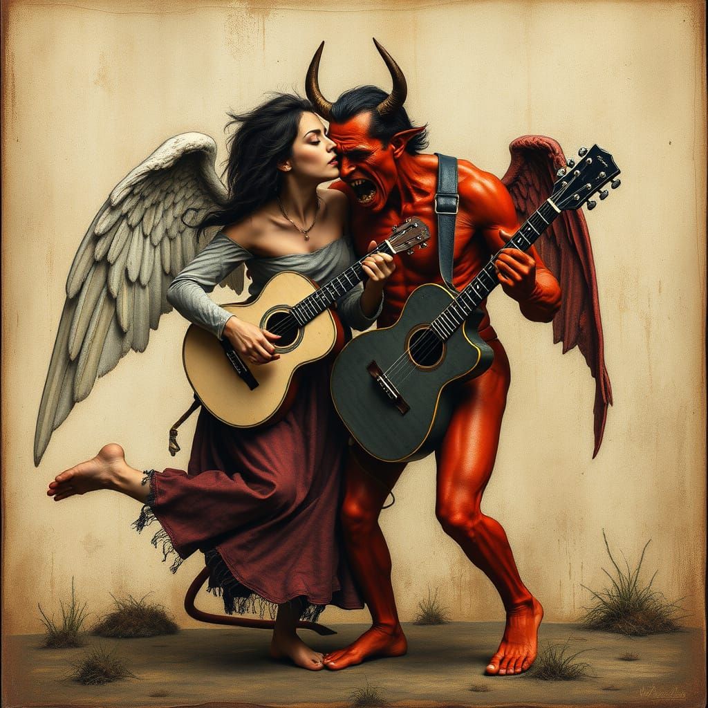 Dancing Angel and Devil in a Surreal Blues Scene
