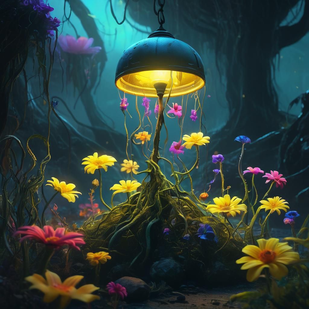 Bioluminescent Plant with Glowing Lamp: Digital Art