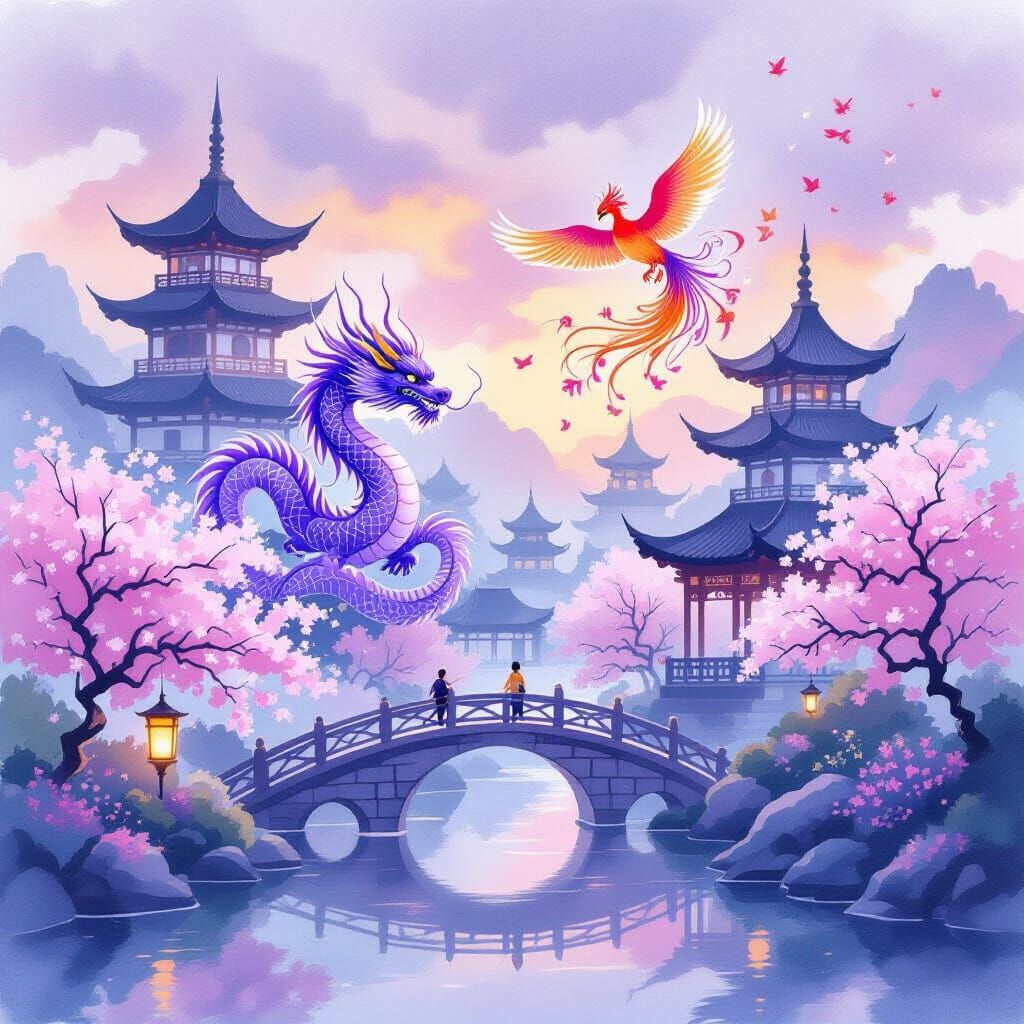 Chinese Garden with Dragon and Phoenix Watercolor