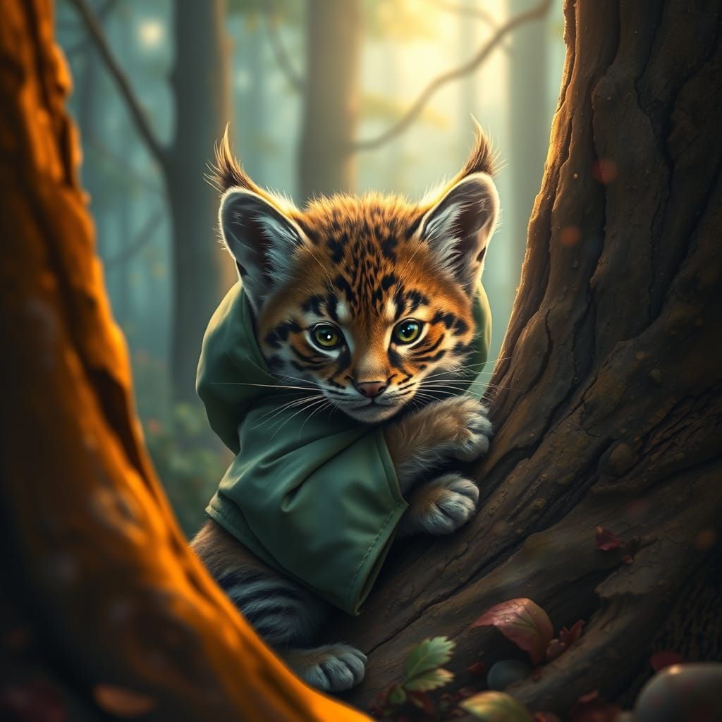 Bobcat kitten, wearing a tiny rain-soaked coat