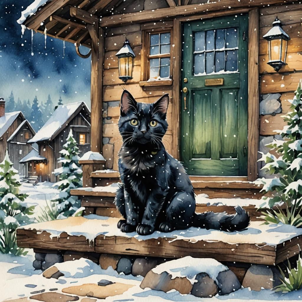 Snowy Kitten Watercolor Illustration