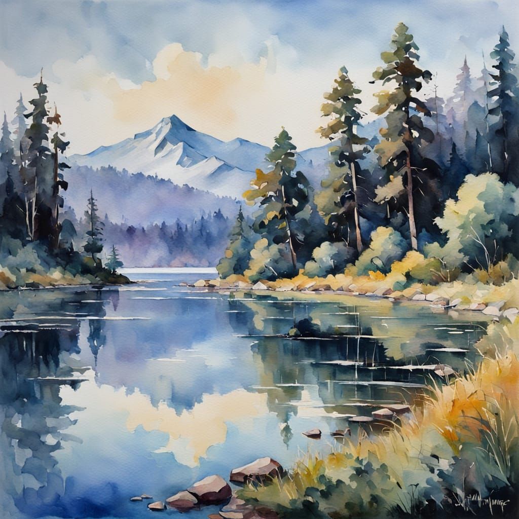 Soft Glow of Dawn on a Serene Lake Landscape in Impressionis...