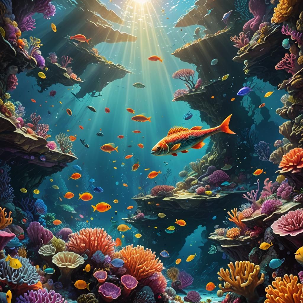 Diver Exploring a Colorful Reef in Fantasy Art