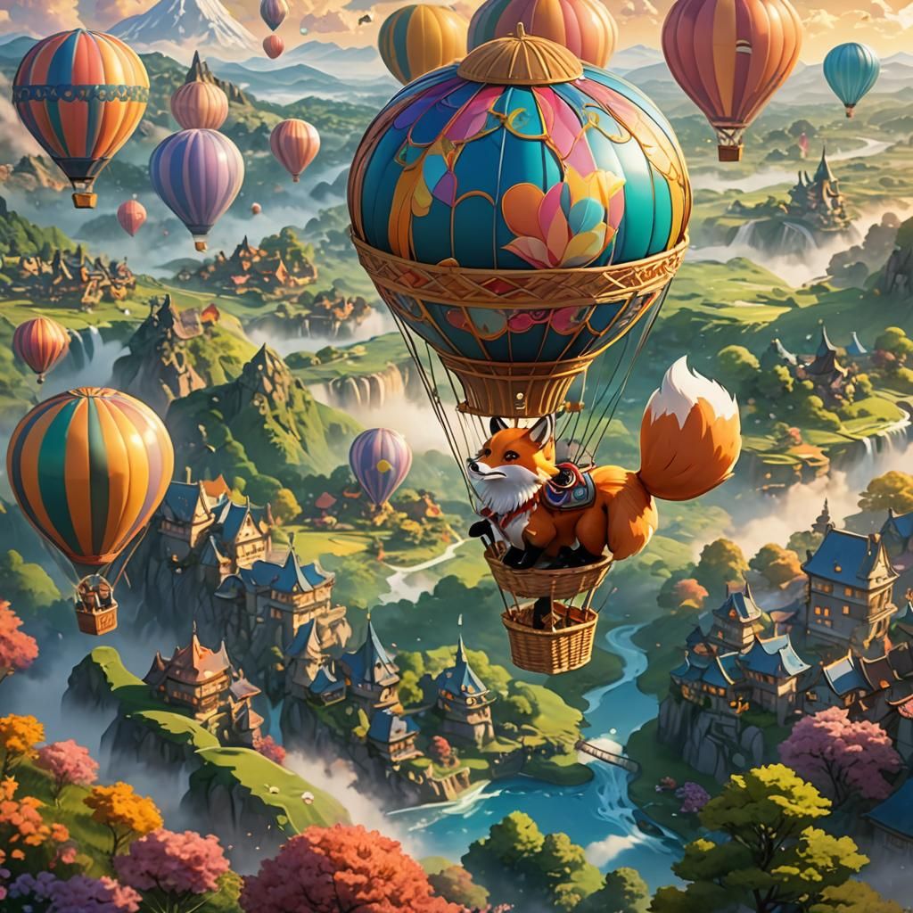 Fox Rides Hot Air Balloon in Anime Style