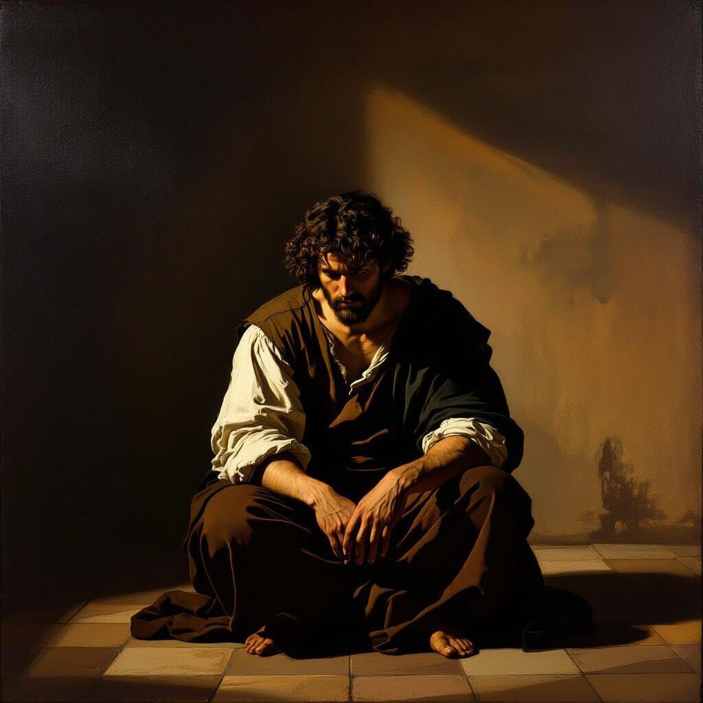 Baroque Oil Painting of Lone Figure in Chiaroscuro