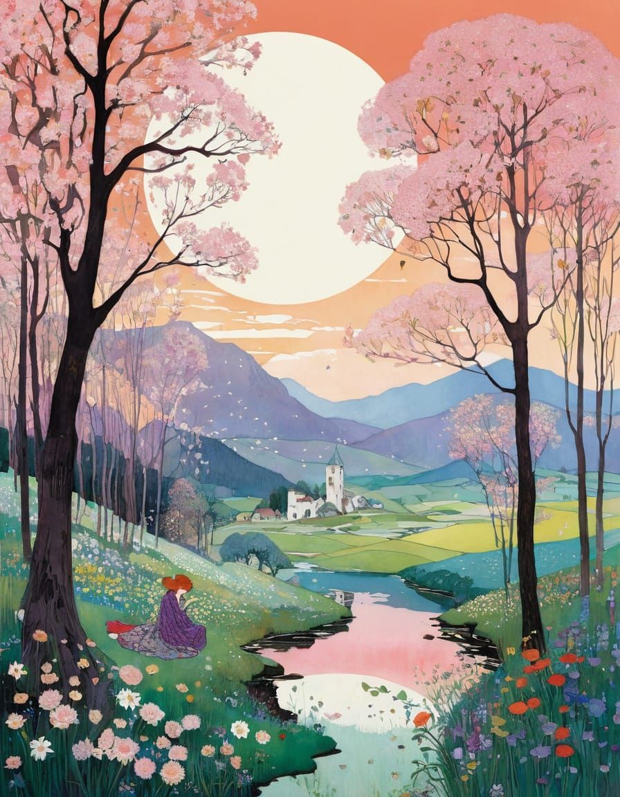 Lush Spring Scene in Art Nouveau Style