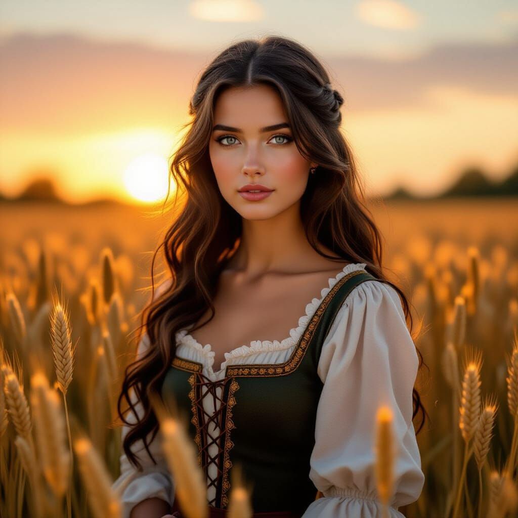 Medieval Woman in Wheat Field at Sunset: Barbizon Style