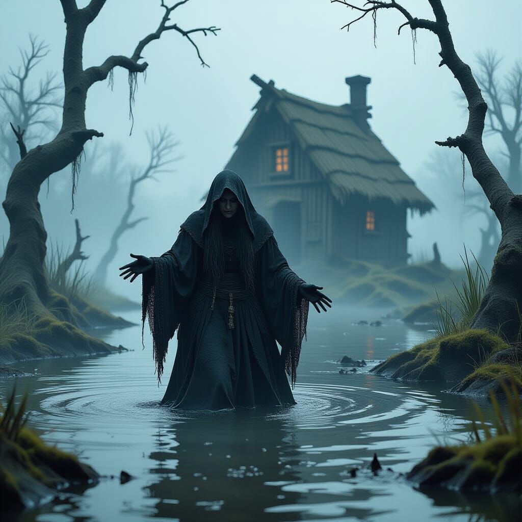 Baba Yaga in Murky Swamp in Dark Mystical Style