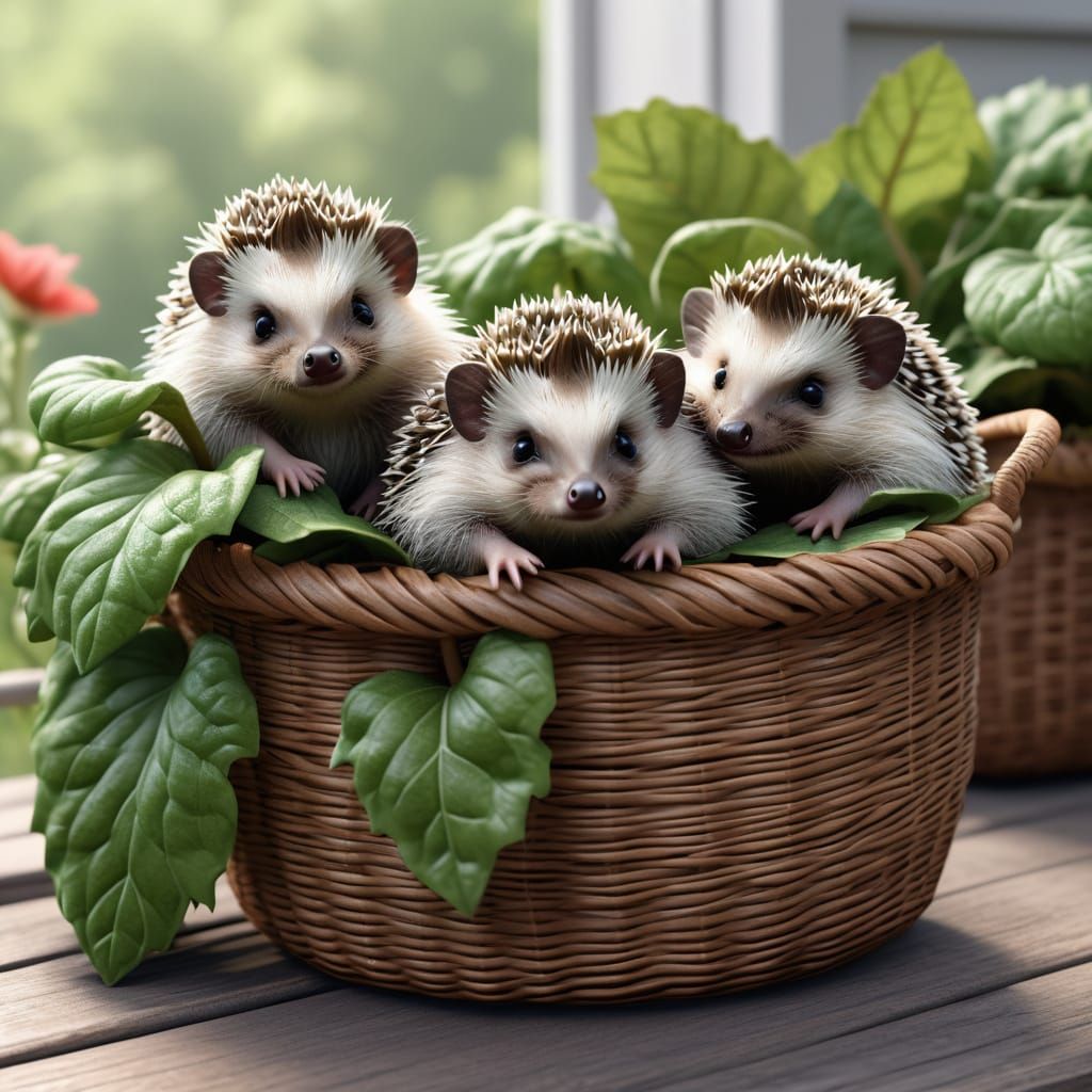Adorable Baby Hedgehogs in Comfrey Basket on Porch