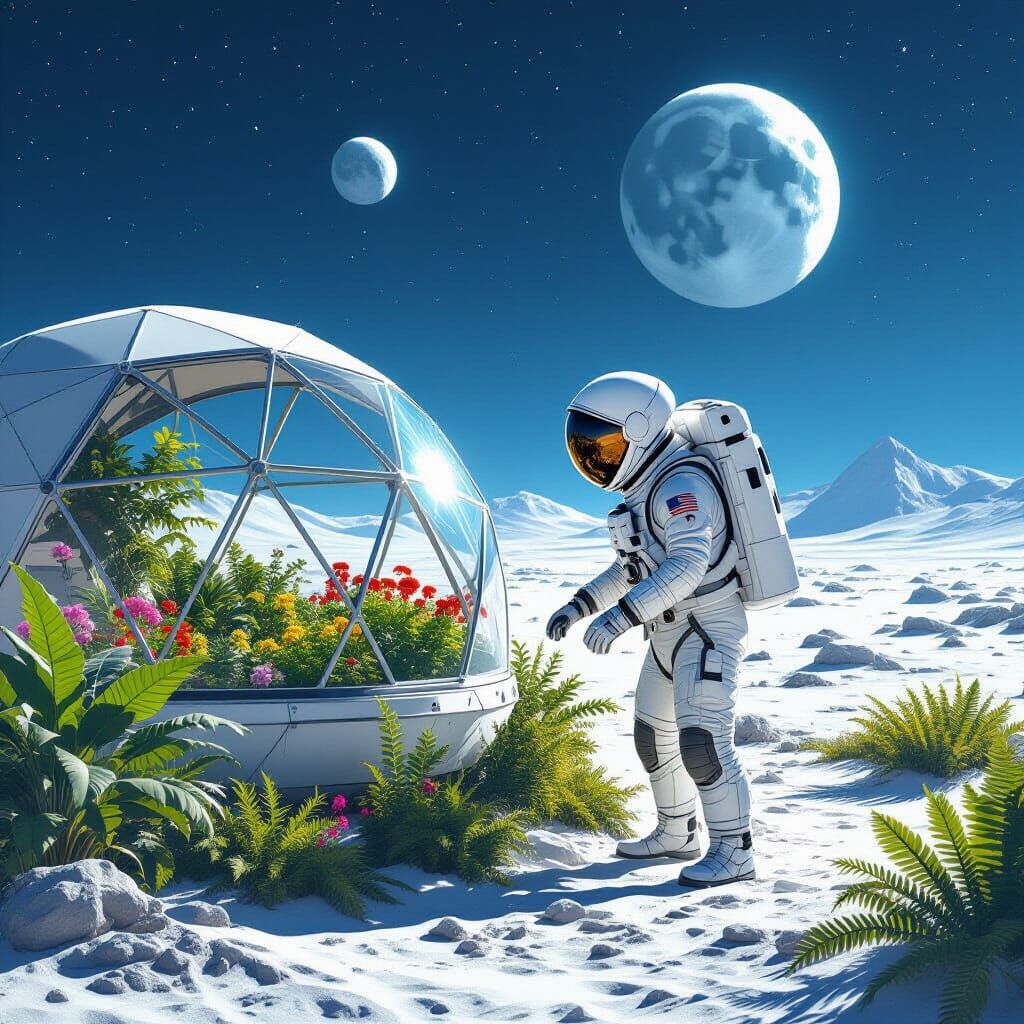 Astronaut's Alien Garden Under Twin Moons
