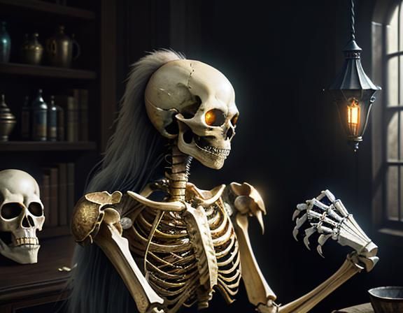 Furry Skeleton Cleans Bones: Dark Fantasy Art