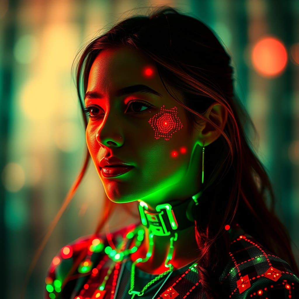 Excited Digital Woman Portrait in Green and Red
