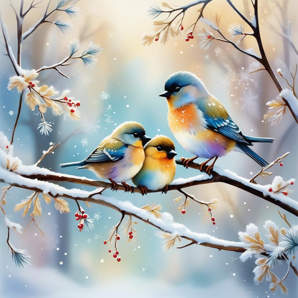 Birds Huddle Together in Winter Snow, Watercolor Style