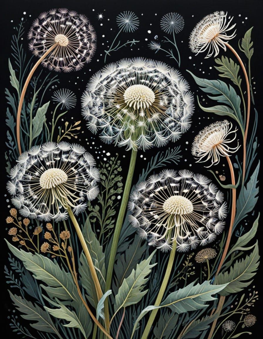 Whimsical Dandelion Bloom in Hand-Coloured Linoprint