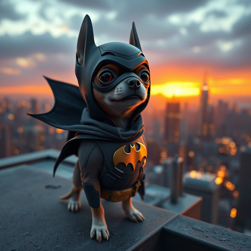 Chihuahua as Batman on Gotham Rooftop in 8K