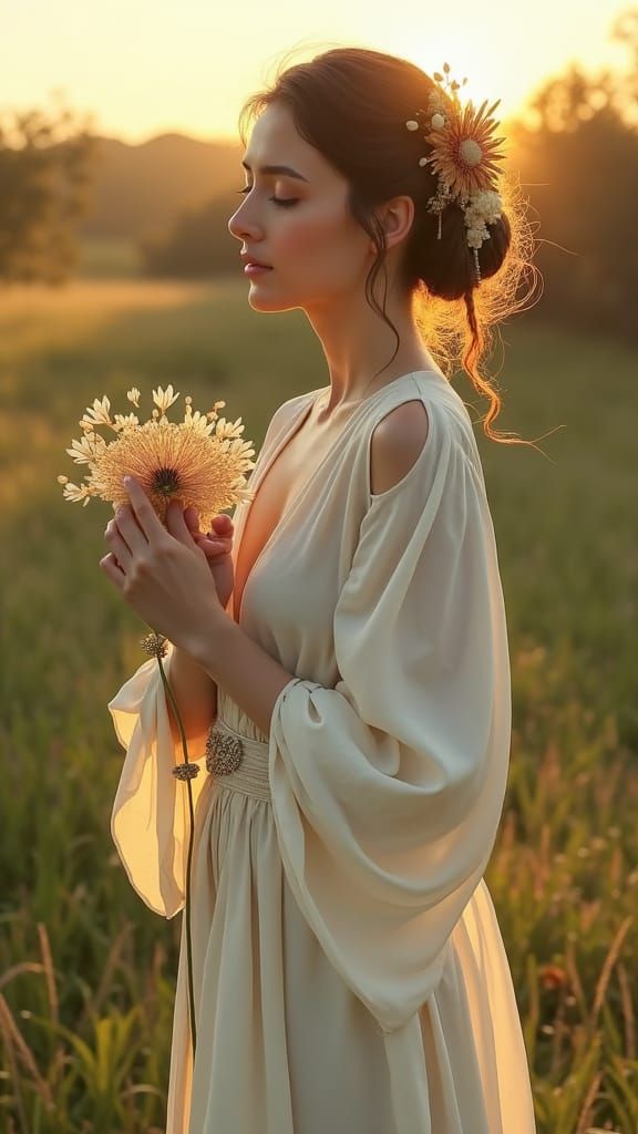 Woman with Rare Flower in Impressionist Style