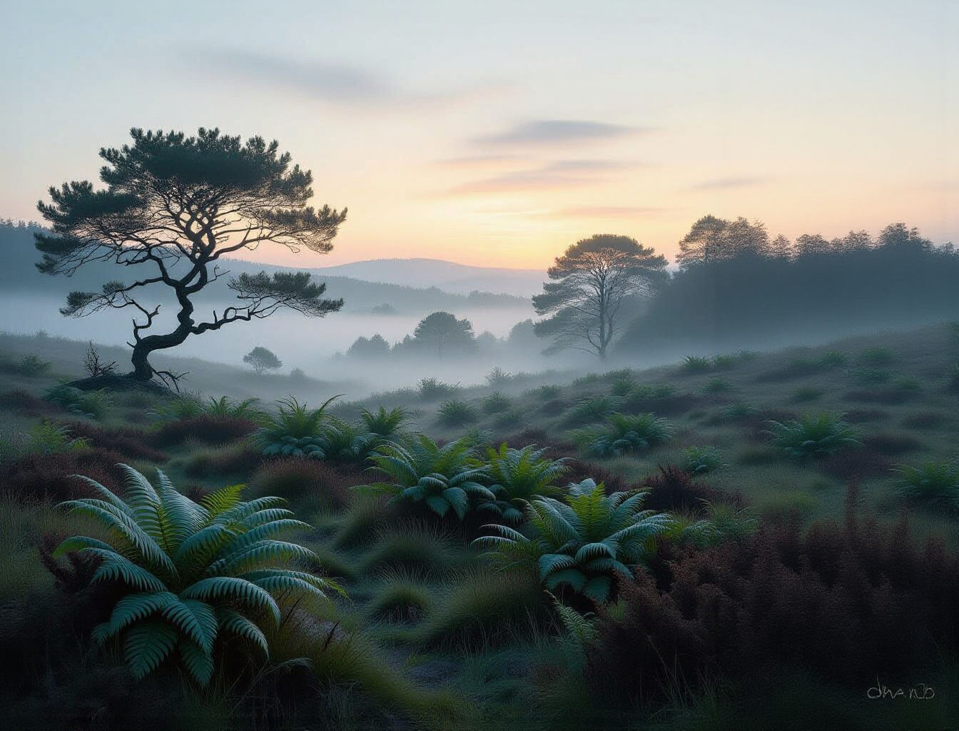Misty Moorland at Dusk in Painterly Style