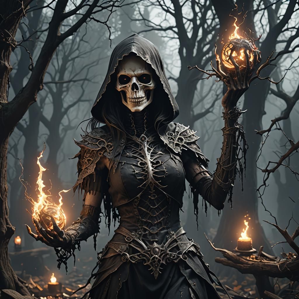 Creepy Witchcore Scene with Woman in Glass Dress