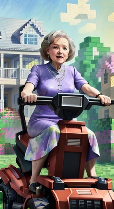 Betty White Rides Lawnmower in Pastel Watercolor Style