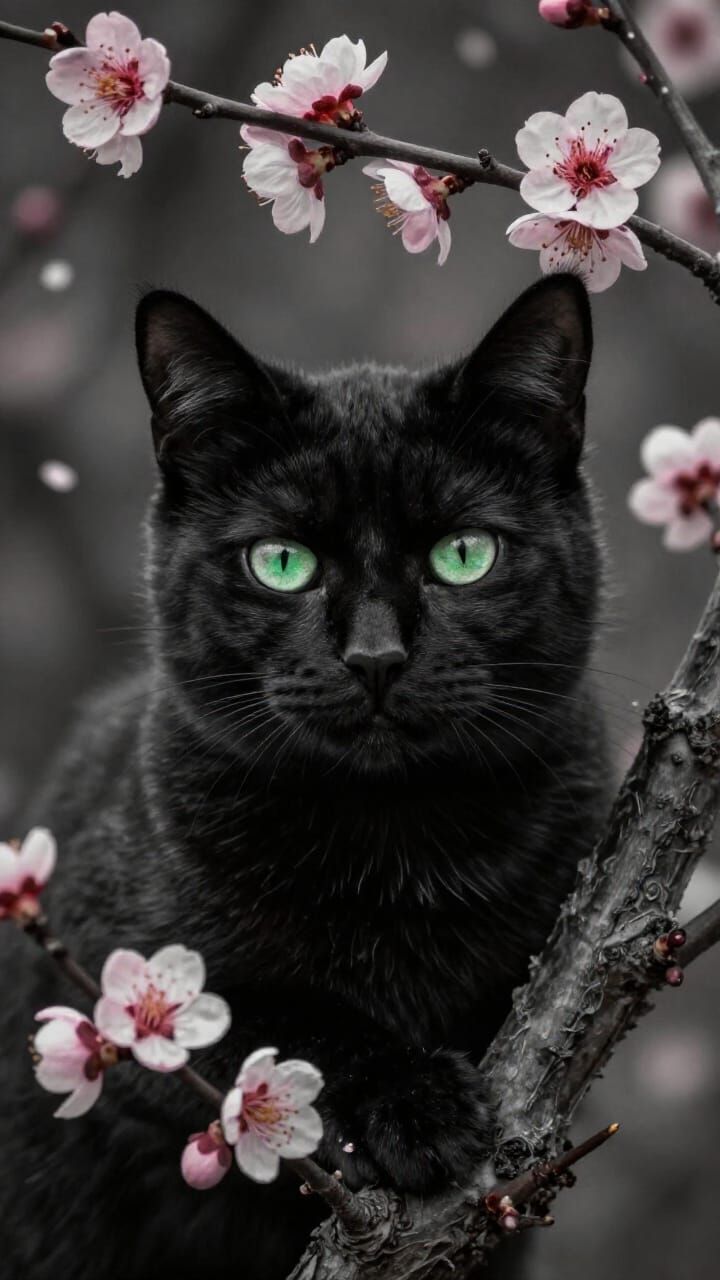 Black Cat Amidst Plum Blossoms Photorealistic Portrait