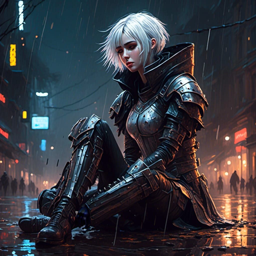 Cyberpunk Woman in Rain, Gothic Art Style