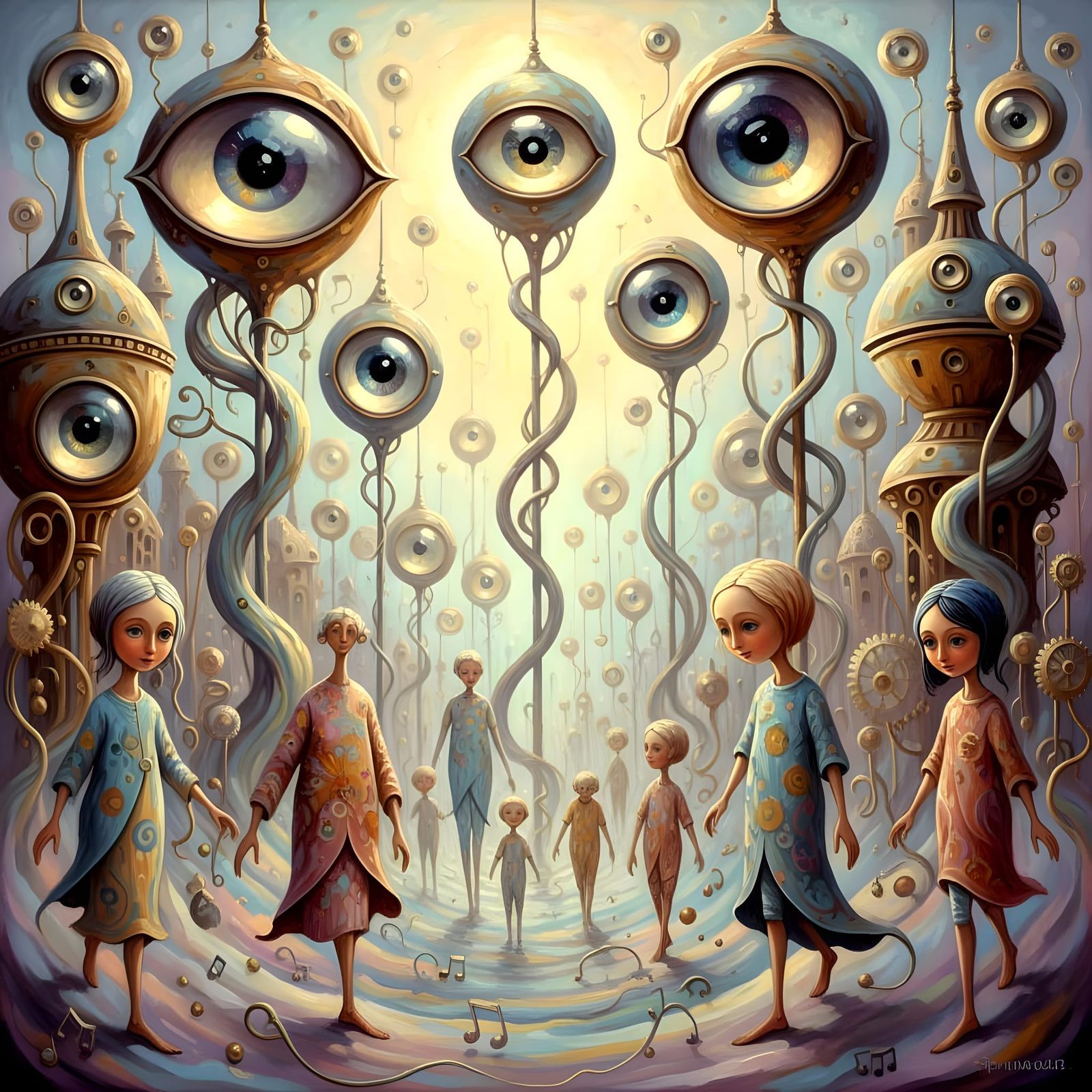 Dreamlike Cityscape with Elongated Figures and Large Eyes