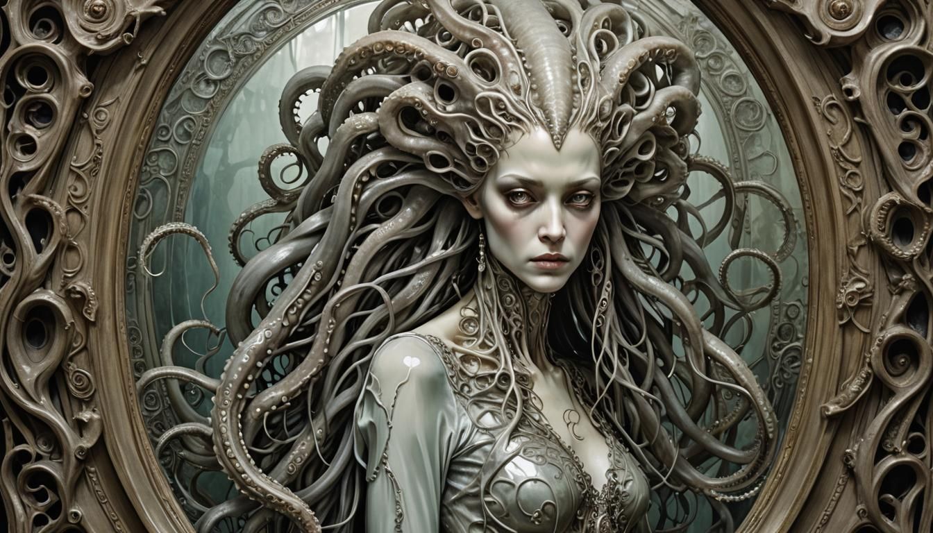 Surreal Cryptid Squid-Woman Portrait in Art Nouveau Style