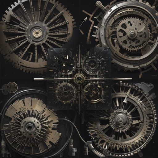 Collage of integrated circuits, vacuum tubes, diodes, and gears. Joan Mitchell, Refik Anadol.