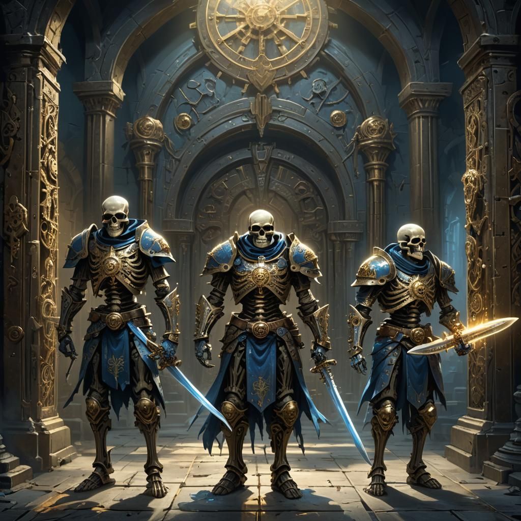 Armored Skeletons Guarding a Gear Door in Dark Fantasy Art
