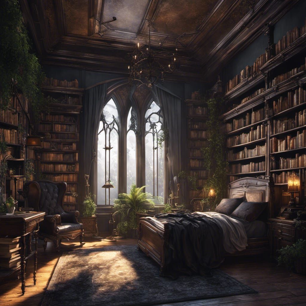 Gothic Bedroom with Library in Dark Fantasy Style