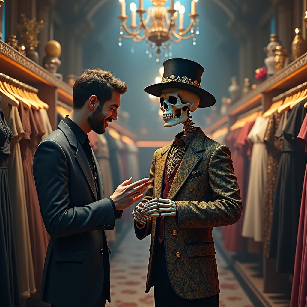 Skeleton Shops for Luxury Clothes with Human Assistant