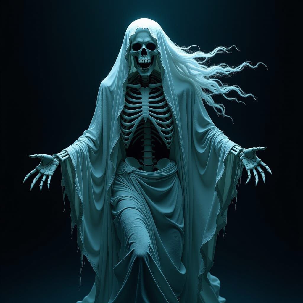 Hyperrealistic Ghost Skeleton in Flowing Rags