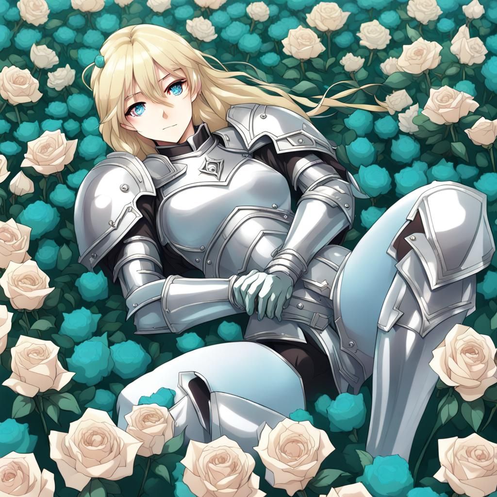 Anime Woman in Silver Armor Amongst Turquoise Roses