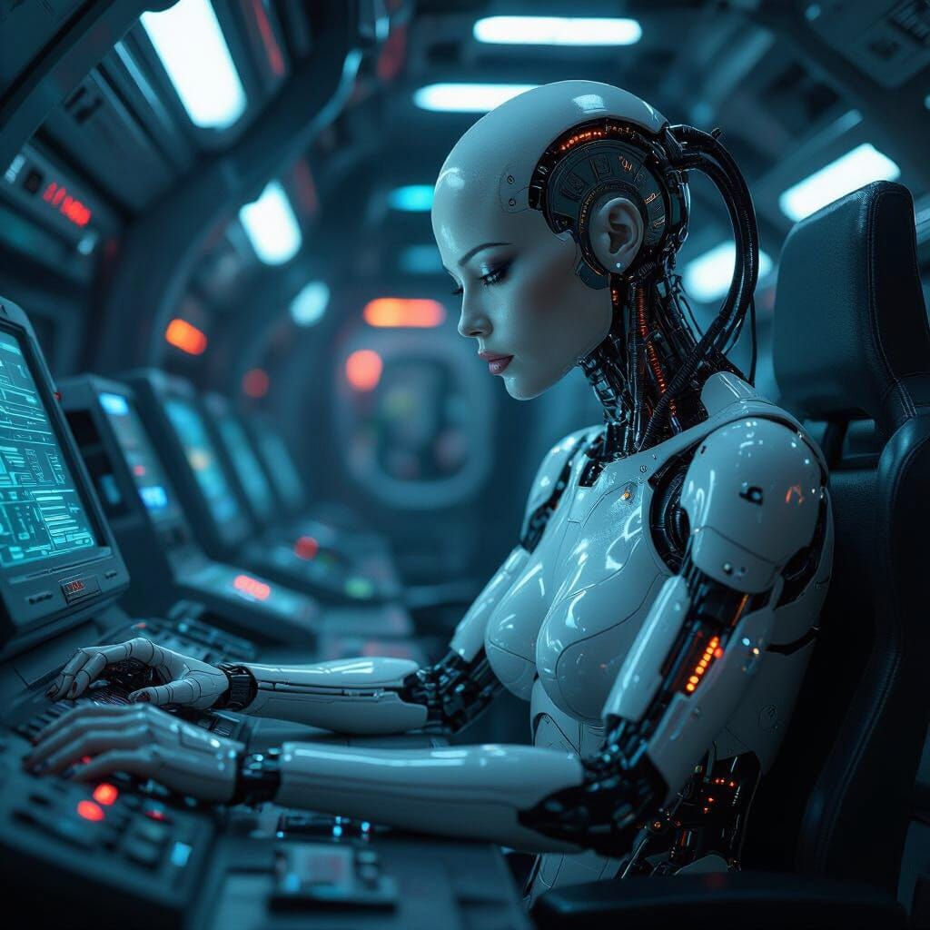 Cybernetic Woman in Dimly Lit Spaceship